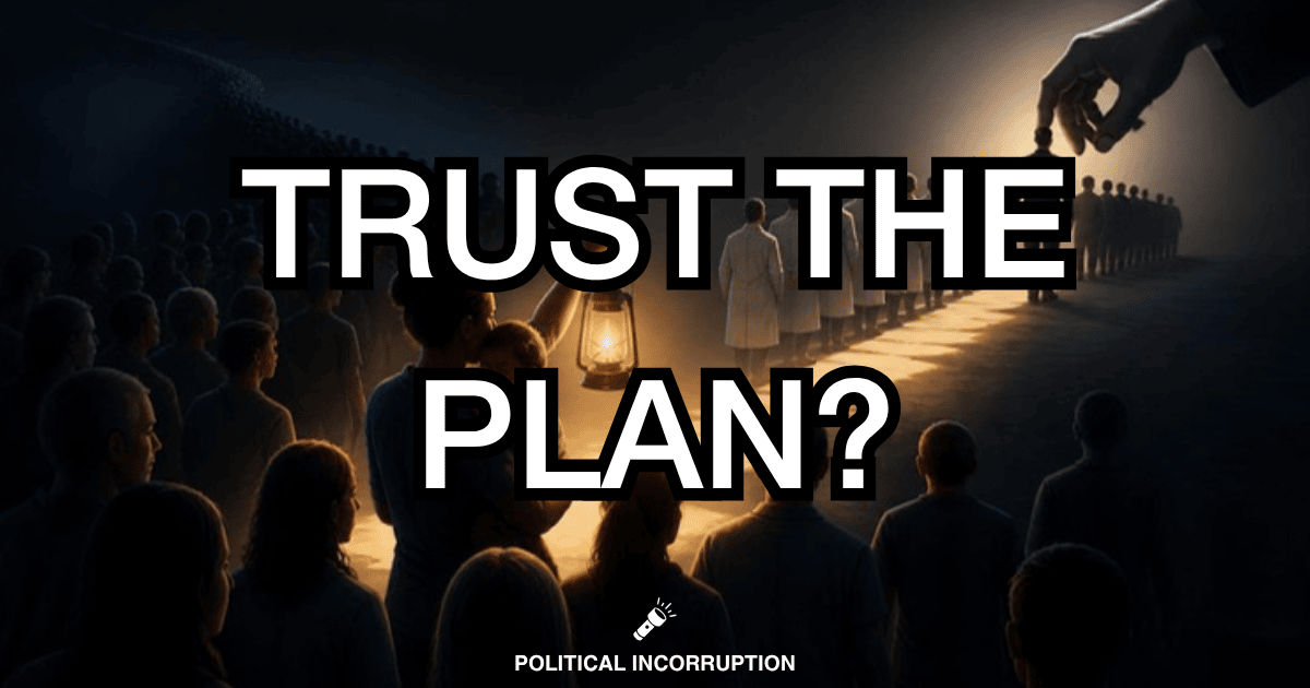 The title Trust the Plan? over a dark crowd following a glowing path, where a parent holding a sleeping child raises a lantern that reveals white-coated healers being led away by a giant hand.